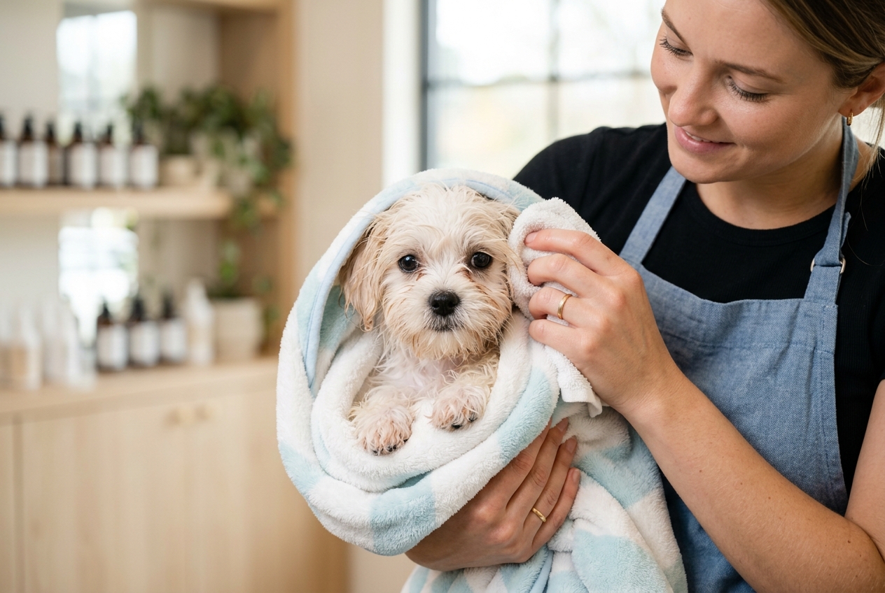 Profissional da Pet Dutra's acolhendo com carinho e cuidado um filhote limpinho e protegido após o banho